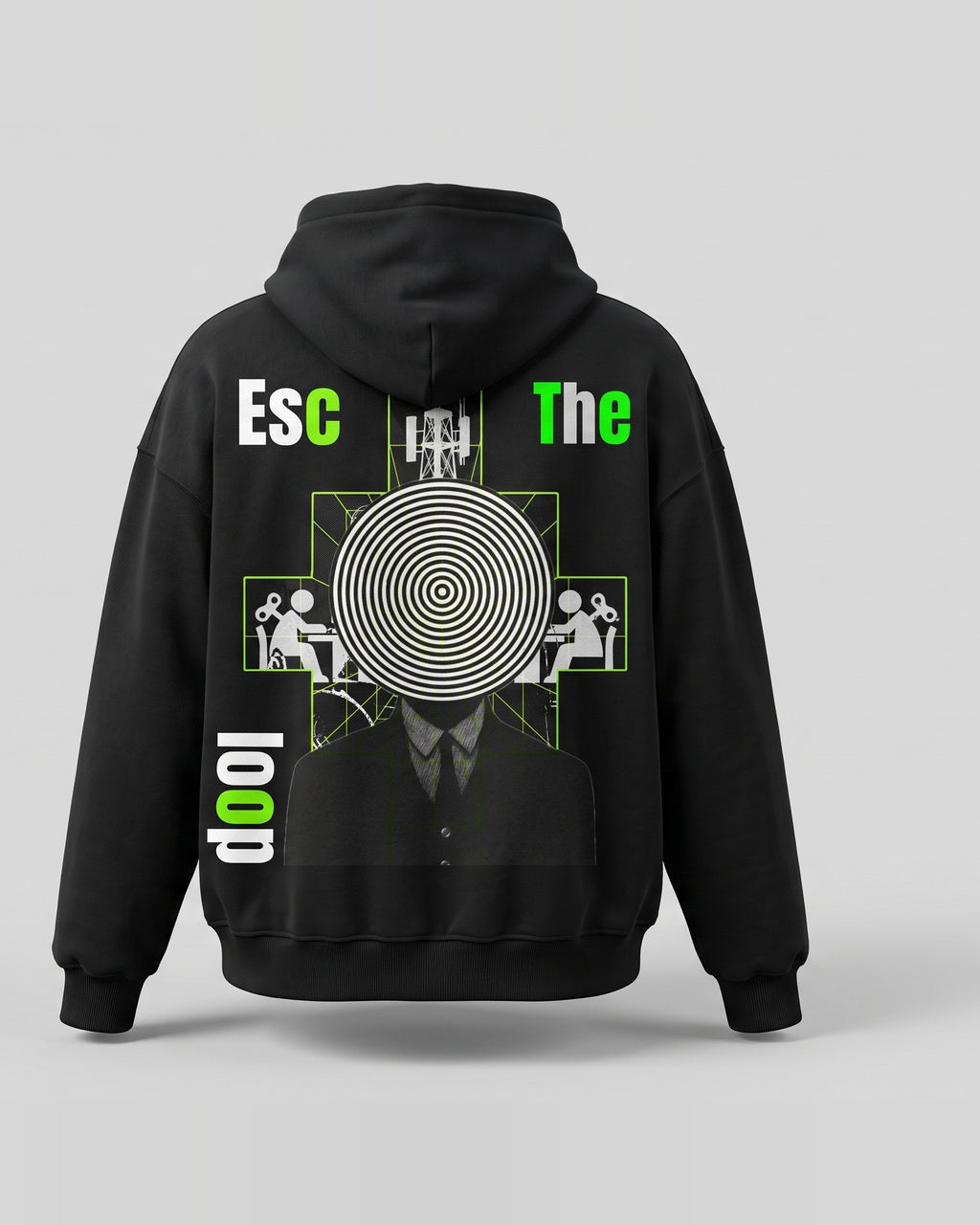 Black Oversized Hoodie with Escape The loop Back Print
