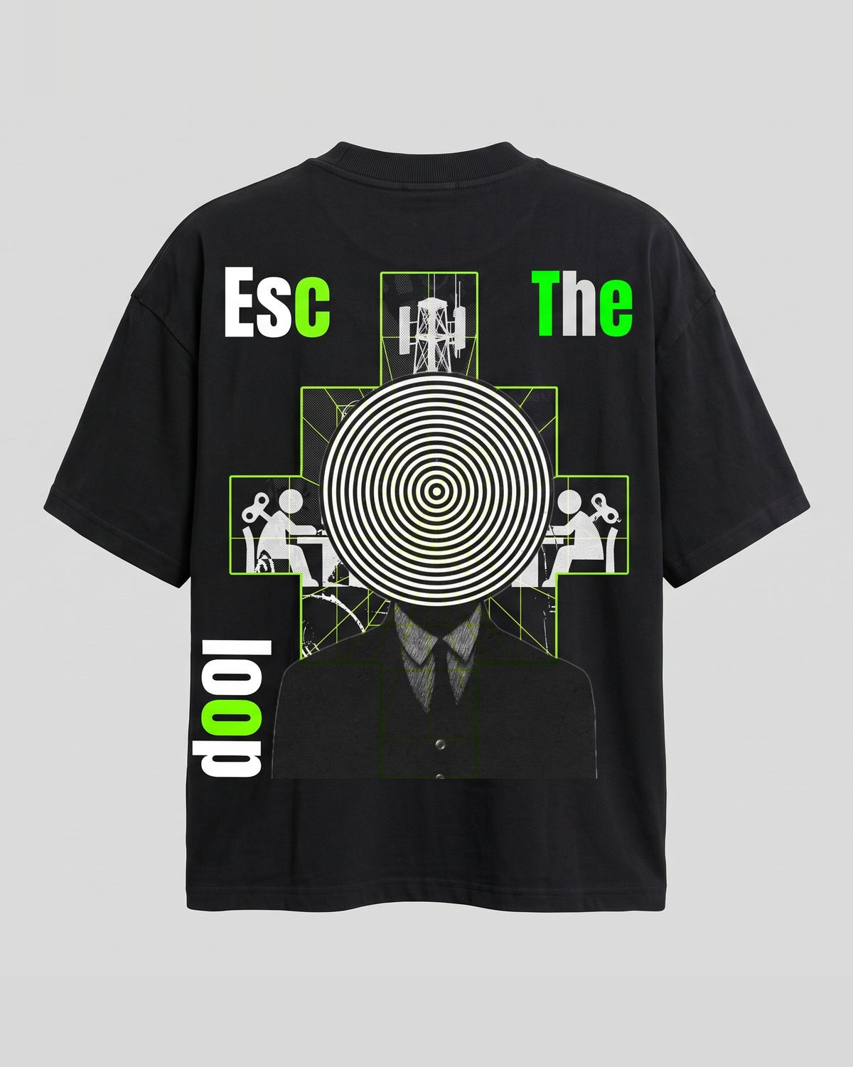 Black Oversized T-Shirt with Escape The loop Back Print