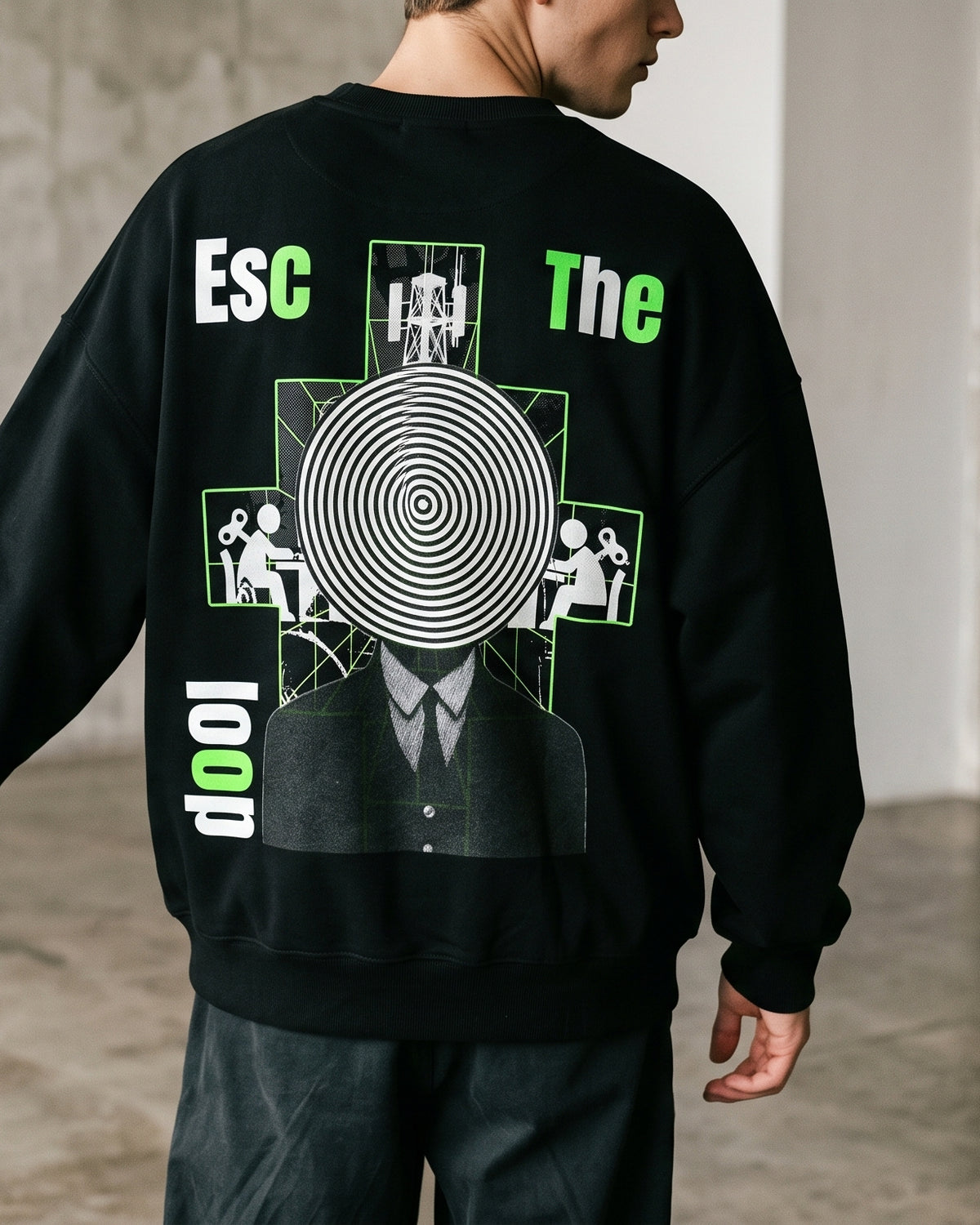 Black Oversized Sweatshirt with Escape The loop Back Print