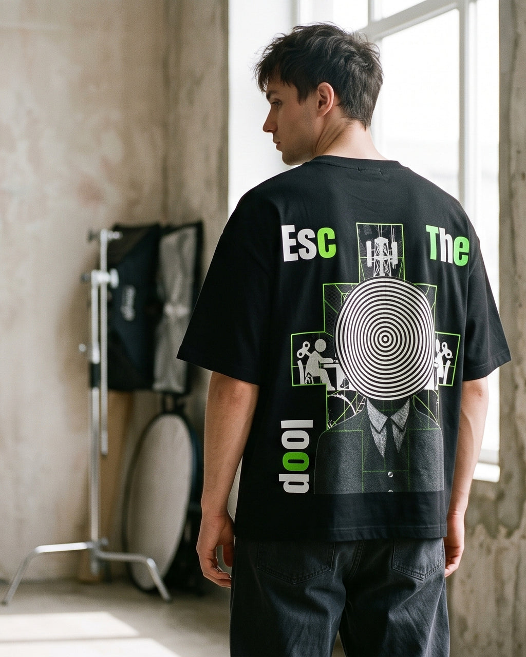 Black Oversized T-Shirt with Escape The loop Back Print