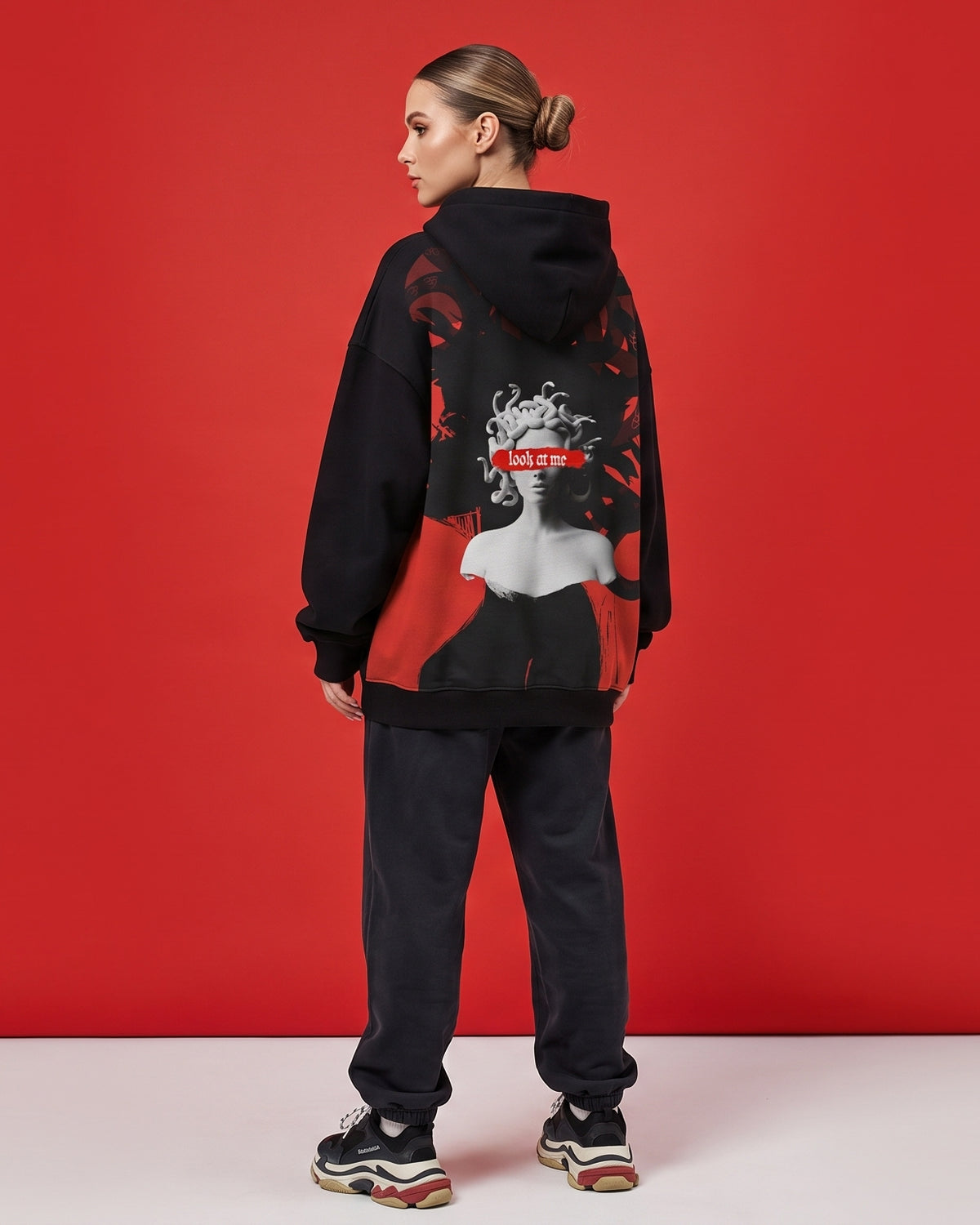 Black Over Sized Hoodie with Medusa GG Print