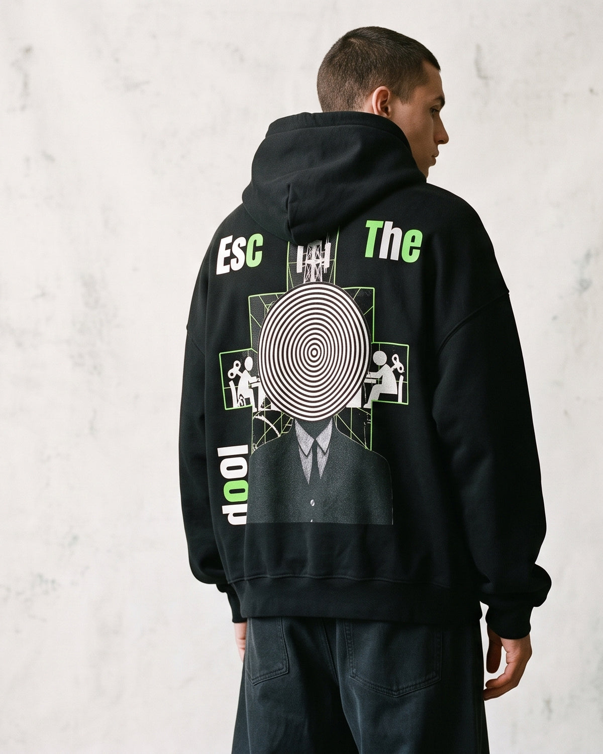 Black Oversized Hoodie with Escape The loop Back Print
